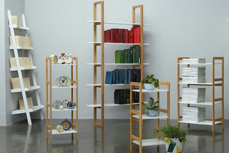A Habitat Drew bamboo shelving unit in white.